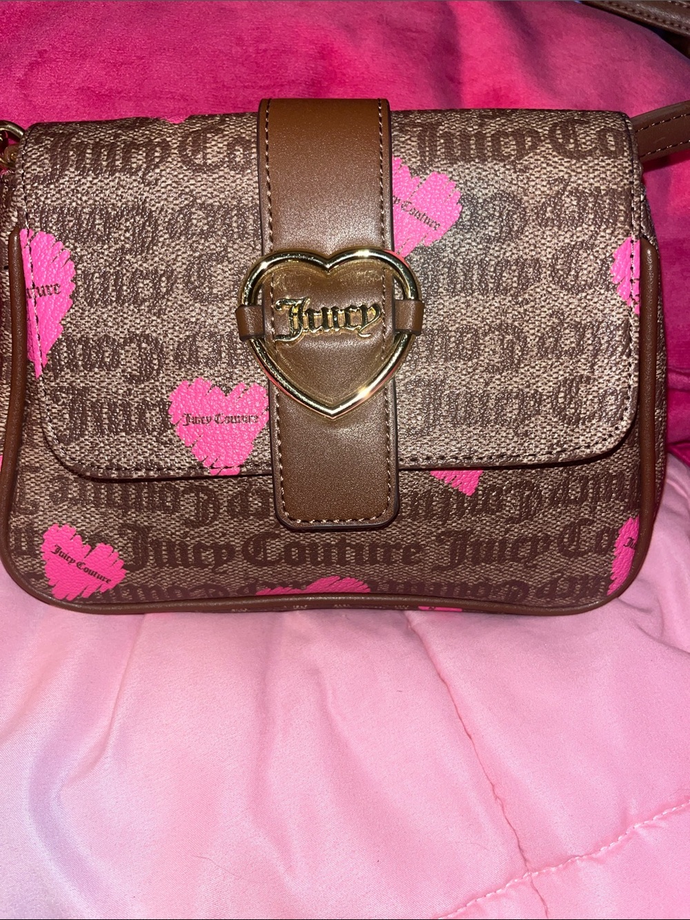 Juicy Couture Brown Crossbody Bag with Pink Heart Accents